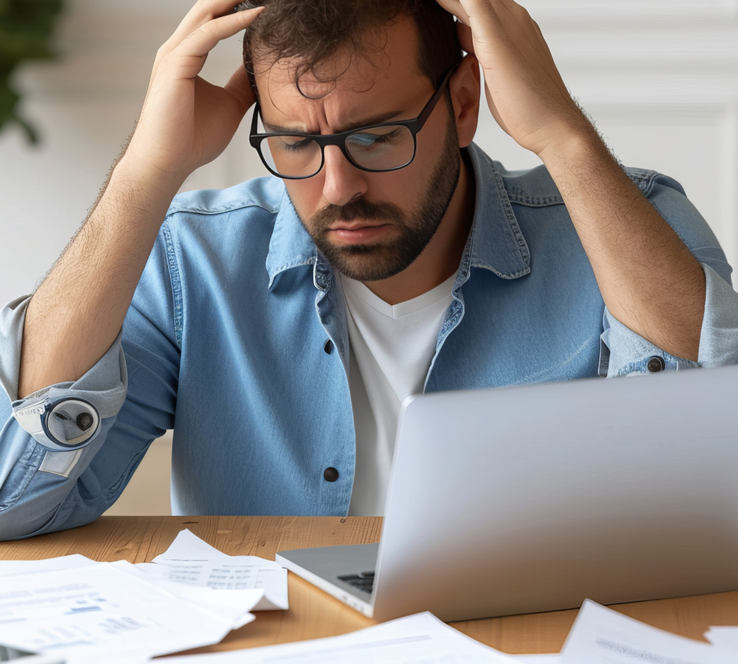 Une personne est assise à une table devant un ordinateur portable et se tient la tête avec les deux mains. Plusieurs documents sont étalés sur la table et consultés avec l’ordinateur.